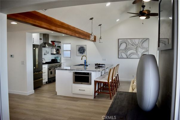 Interior, Kitchen, Pendant Lights, Recessed Lighting, Stainless Steel Appliances, Wooden Beams, Wood Texture Flooring
