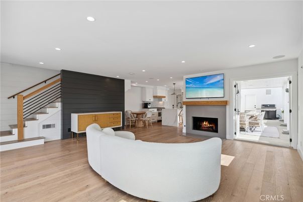 Dining room, Fireplace, Interior, Kitchen, Living room, Pendant Lights, Recessed Lighting, Wood Texture Flooring