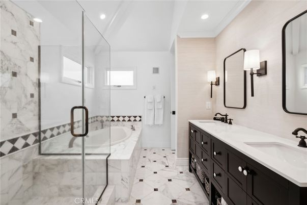 Bathroom, Dual Sink Vanities, Glass Shower, Interior, Marble, Recessed Lighting