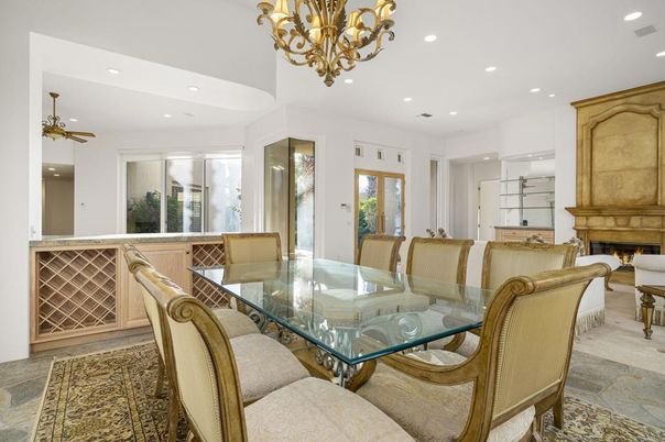 Chandelier, Dining room, Fireplace, Interior, Recessed Lighting