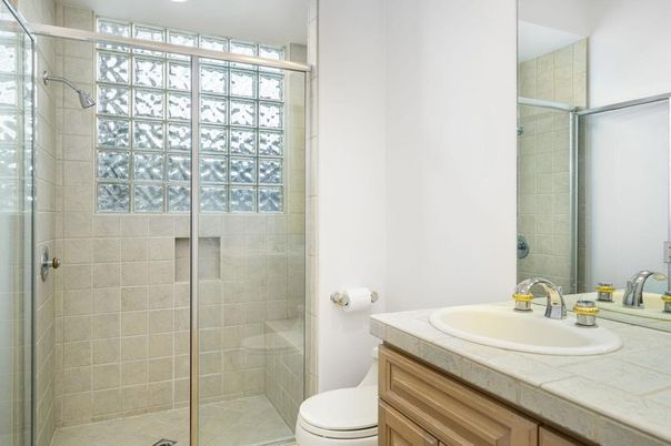 Bathroom, Glass Shower, Interior, Recessed Lighting, Tile Countertops