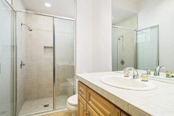 Bathroom, Glass Shower, Interior, Recessed Lighting, Tile Countertops