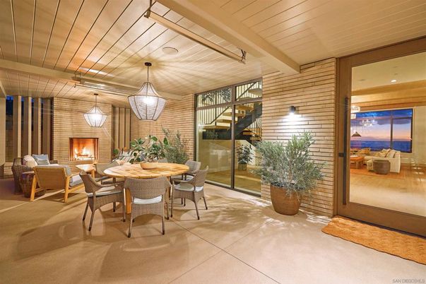 Dining room, Fireplace, Interior, Living room, Pendant Lights, Stone Walls, Water