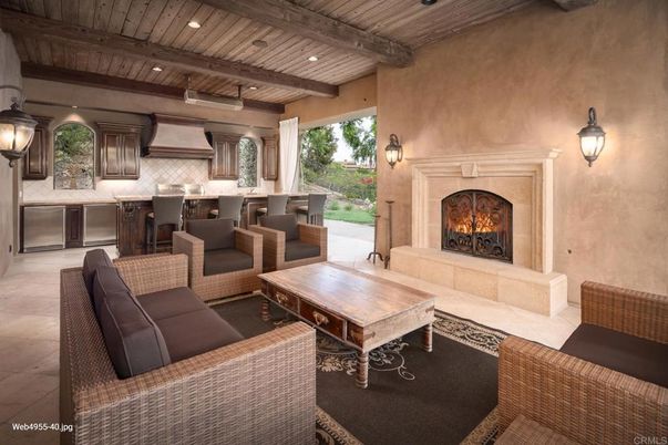 Exterior, Fireplace, Kitchen, Living room, Recessed Lighting, Wooden Beams