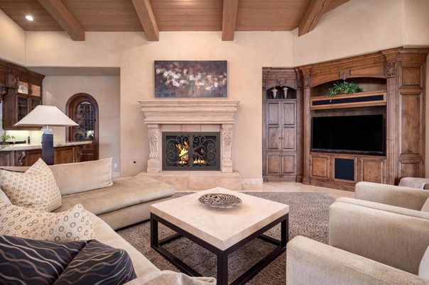 Fireplace, Interior, Living room, Recessed Lighting, Wooden Beams, Wooden Ceilings