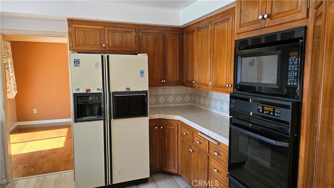 Interior, Kitchen, Tile Countertops, Wood Texture Flooring