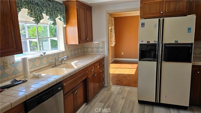 Interior, Kitchen, Tile Countertops, Wood Texture Flooring
