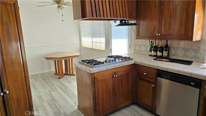 Interior, Kitchen, Tile Countertops, Wood Texture Flooring