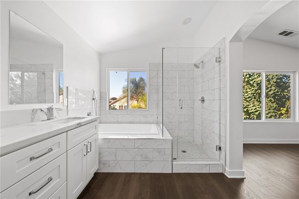 Bathroom, Glass Shower, Interior, Marble Walls, Wood Texture Flooring