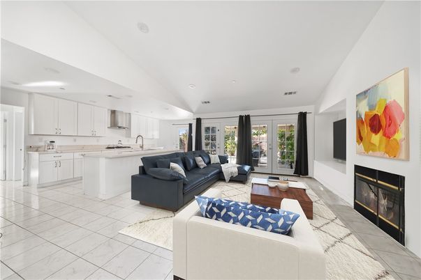 Fireplace, Interior, Kitchen, Living room, Marble, Recessed Lighting
