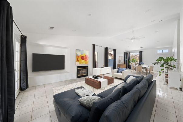 Dining room, Fireplace, Interior, Living room, Recessed Lighting