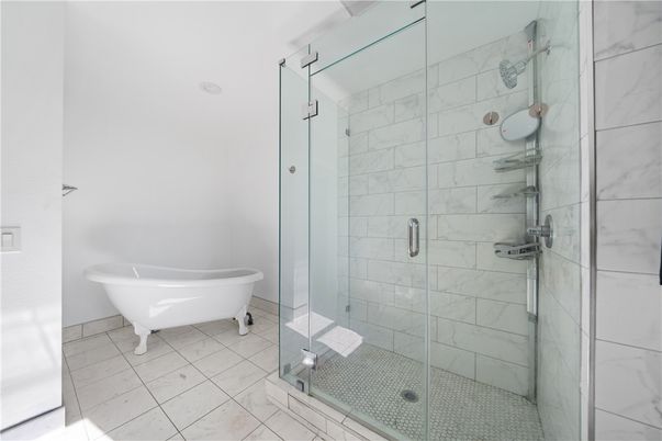 Bathroom, Free Standing Baths, Glass Shower, Interior, Marble Walls