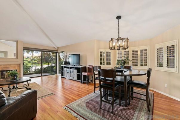 Dining room, Fireplace, Interior, Pendant Lights, Wood Texture Flooring