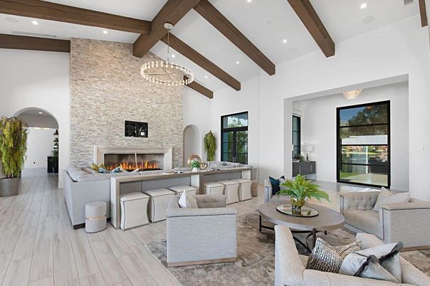 Fireplace, Interior, Living room, Pendant Lights, Recessed Lighting, Stone Walls, Wooden Beams, Wood Texture Flooring