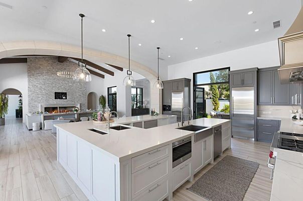 Fireplace, Interior, Kitchen, Living room, Pendant Lights, Recessed Lighting, Stainless Steel Appliances, Stone Walls, Wooden Beams, Wood Texture Flooring