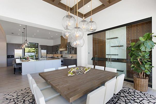 Dining room, Interior, Kitchen, Pendant Lights, Recessed Lighting, Stainless Steel Appliances, Wood Texture Flooring