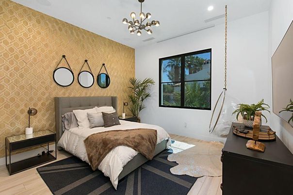 Bedroom, Interior, Pendant Lights, Recessed Lighting, Wood Texture Flooring