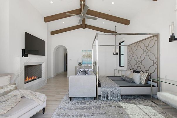 Bedroom, Fireplace, Interior, Pendant Lights, Recessed Lighting, Wooden Beams, Wood Texture Flooring