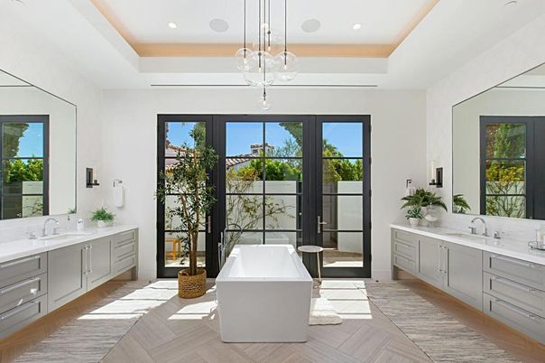 Bathroom, Dual Sink Vanities, Free Standing Baths, Interior, Pendant Lights, Recessed Lighting, Wood Texture Flooring