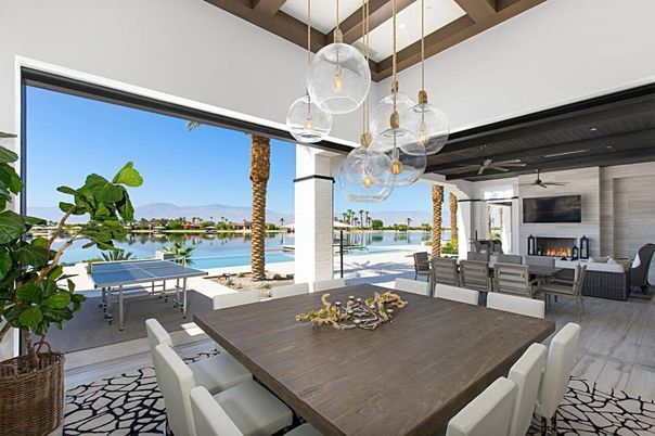 Dining room, Fireplace, Interior, Living room, Pendant Lights, Water