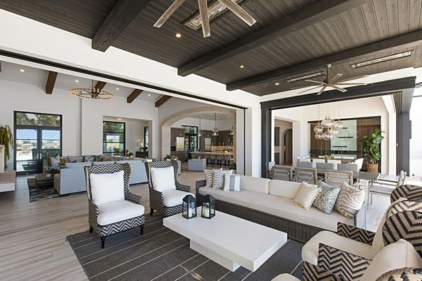 Dining room, Interior, Living room, Pendant Lights, Recessed Lighting, Water, Wooden Beams, Wooden Ceilings, Wood Texture Flooring