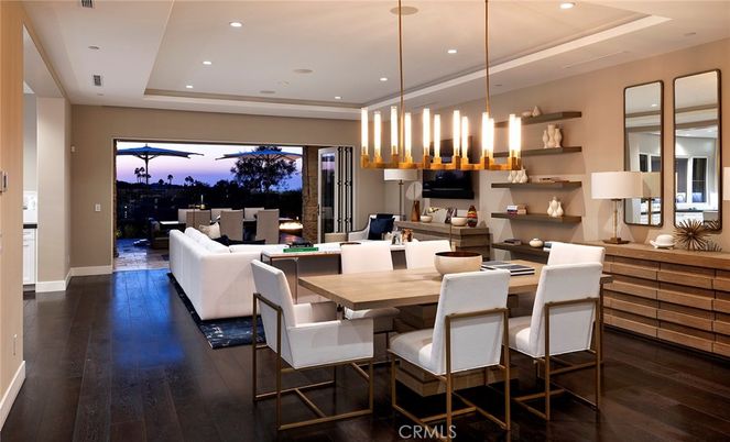 Dining room, Interior, Living room, Pendant Lights, Recessed Lighting, Wood Texture Flooring