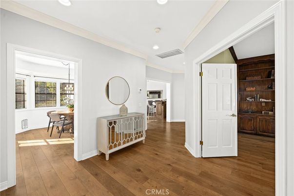 Dining room, Interior, Recessed Lighting, Wood Texture Flooring, Wooden Walls