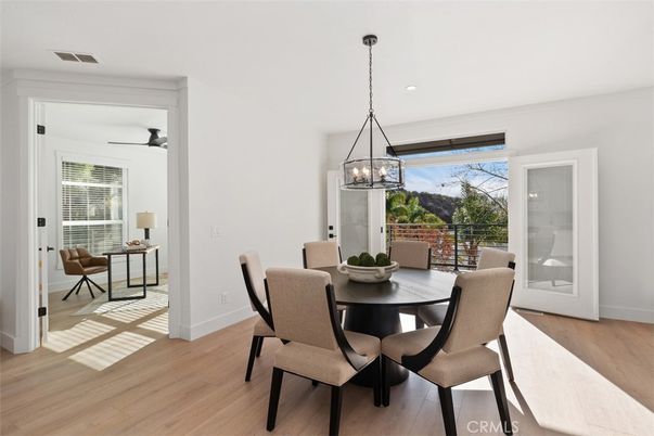 Dining room, Interior, Pendant Lights, Recessed Lighting, Wood Texture Flooring
