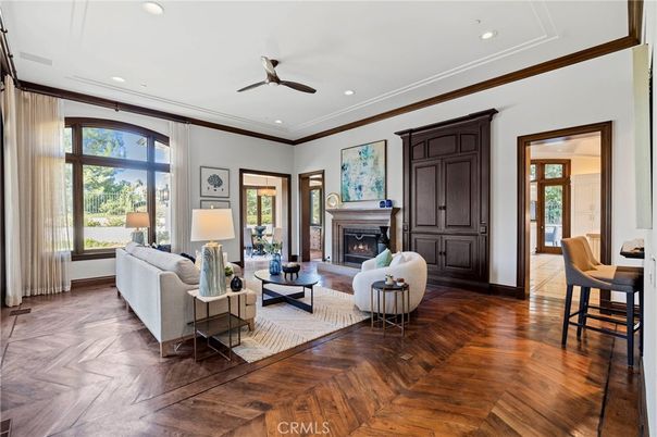 Fireplace, Interior, Living room, Recessed Lighting, Wood Texture Flooring