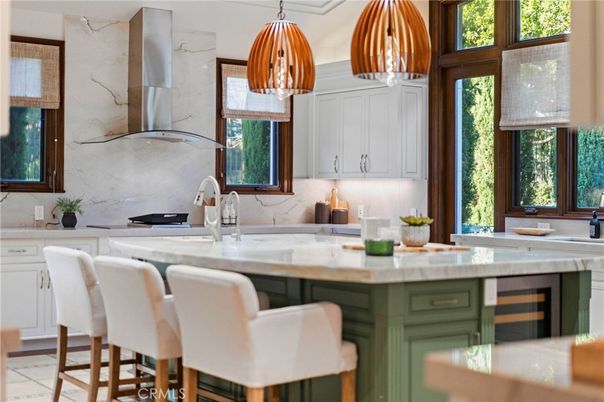 Interior, Kitchen, Marble Walls, Pendant Lights, Stainless Steel Appliances