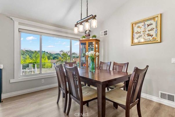 Dining room, Interior, Pendant Lights, Wood Texture Flooring
