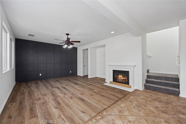 Empty room, Fireplace, Interior, Recessed Lighting, Wood Texture Flooring