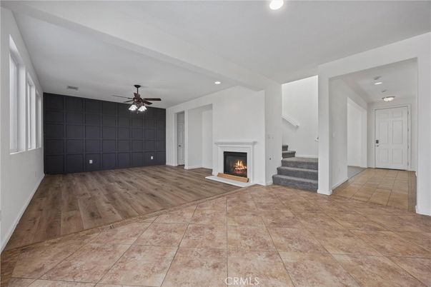 Empty room, Fireplace, Interior, Recessed Lighting, Wood Texture Flooring