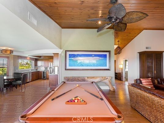 Billiard Table, Chandelier, Dining room, Game Room, Interior, Kitchen, Wooden Ceilings, Wood Texture Flooring