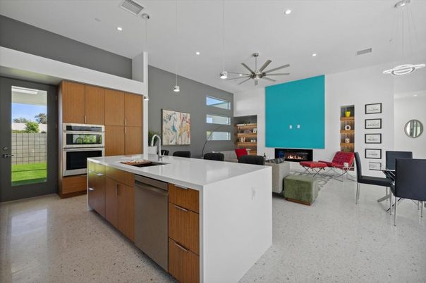 Dining room, Fireplace, Interior, Kitchen, Living room, Pendant Lights, Recessed Lighting, Stainless Steel Appliances