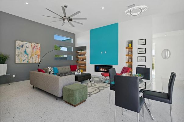 Dining room, Fireplace, Interior, Living room, Pendant Lights, Recessed Lighting