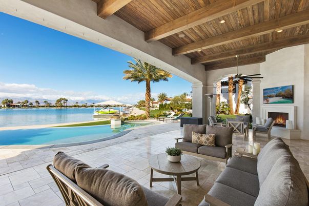 Exterior, Fireplace, Living room, Pool, Water, Wooden Beams