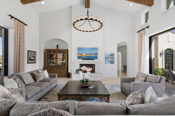 Fireplace, Interior, Living room, Pendant Lights, Recessed Lighting, Wooden Beams