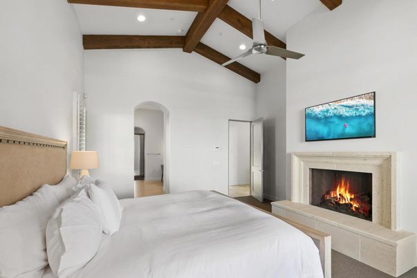 Bedroom, Fireplace, Interior, Recessed Lighting, Wooden Beams