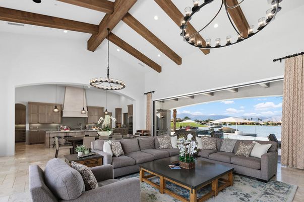 Chandelier, Interior, Kitchen, Living room, Pendant Lights, Recessed Lighting, Stainless Steel Appliances, Water, Wooden Beams
