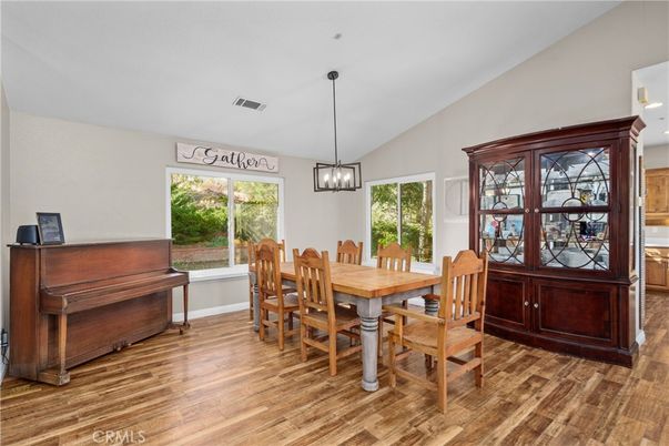 Dining room, Interior, Pendant Lights, Piano, Wood Texture Flooring