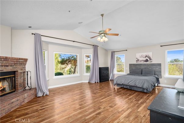 Bedroom, Fireplace, Interior, Wood Texture Flooring