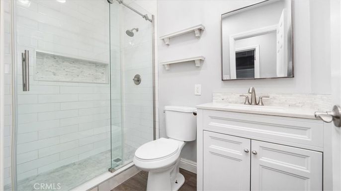 Bathroom, Glass Shower, Interior, Wood Texture Flooring