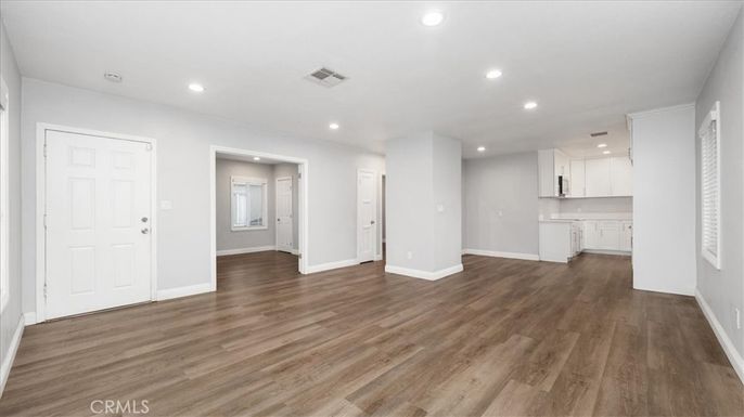 Empty room, Interior, Kitchen, Recessed Lighting, Wood Texture Flooring