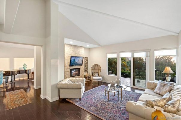 Fireplace, Interior, Living room, Recessed Lighting, Stone Walls, Wood Texture Flooring