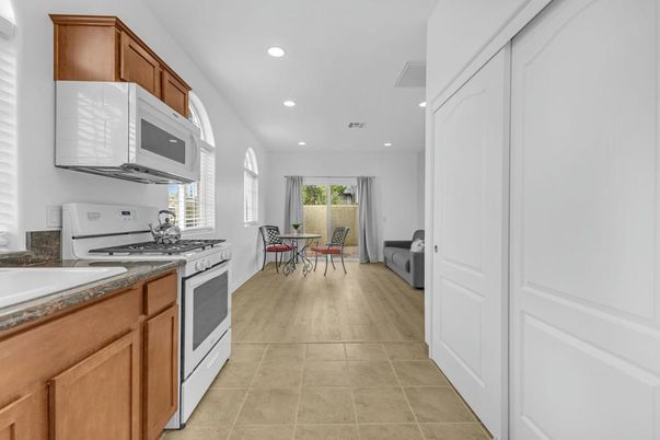 Dining room, Interior, Kitchen, Recessed Lighting, Wood Texture Flooring