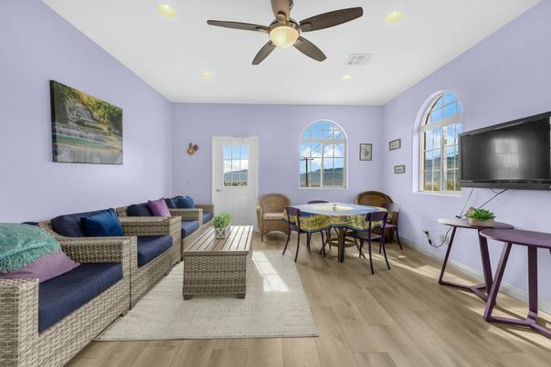 Dining room, Interior, Living room, Recessed Lighting, Wood Texture Flooring