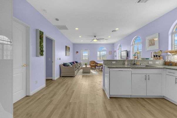 Interior, Kitchen, Living room, Recessed Lighting, Wood Texture Flooring