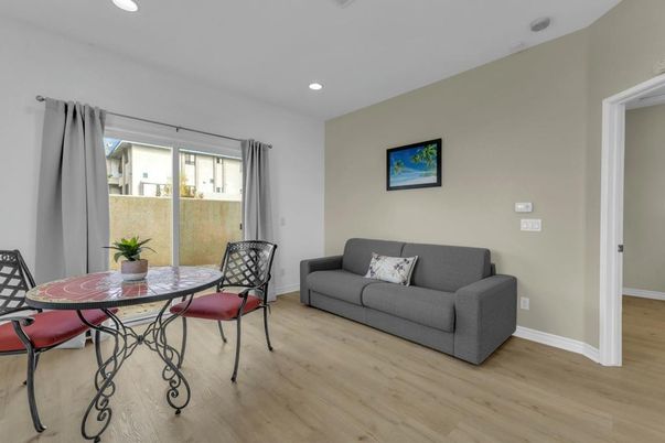 Dining room, Interior, Recessed Lighting, Wood Texture Flooring