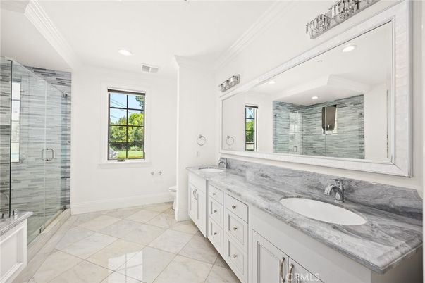 Bathroom, Dual Sink Vanities, Glass Shower, Interior, Recessed Lighting